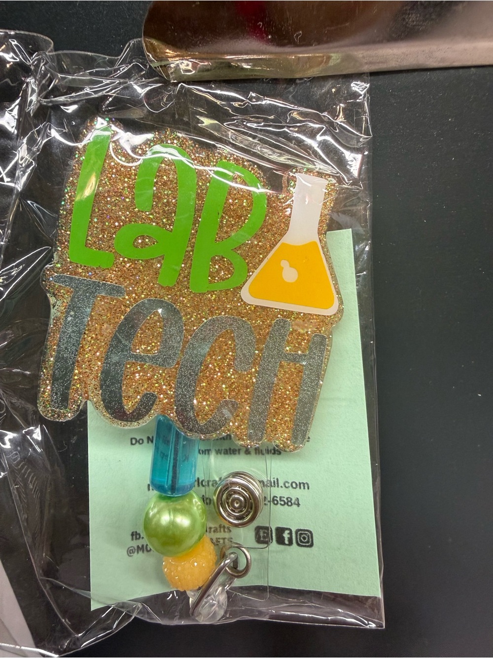 Lab Tech Glitter Badge Reel - Gold, Green, Blue